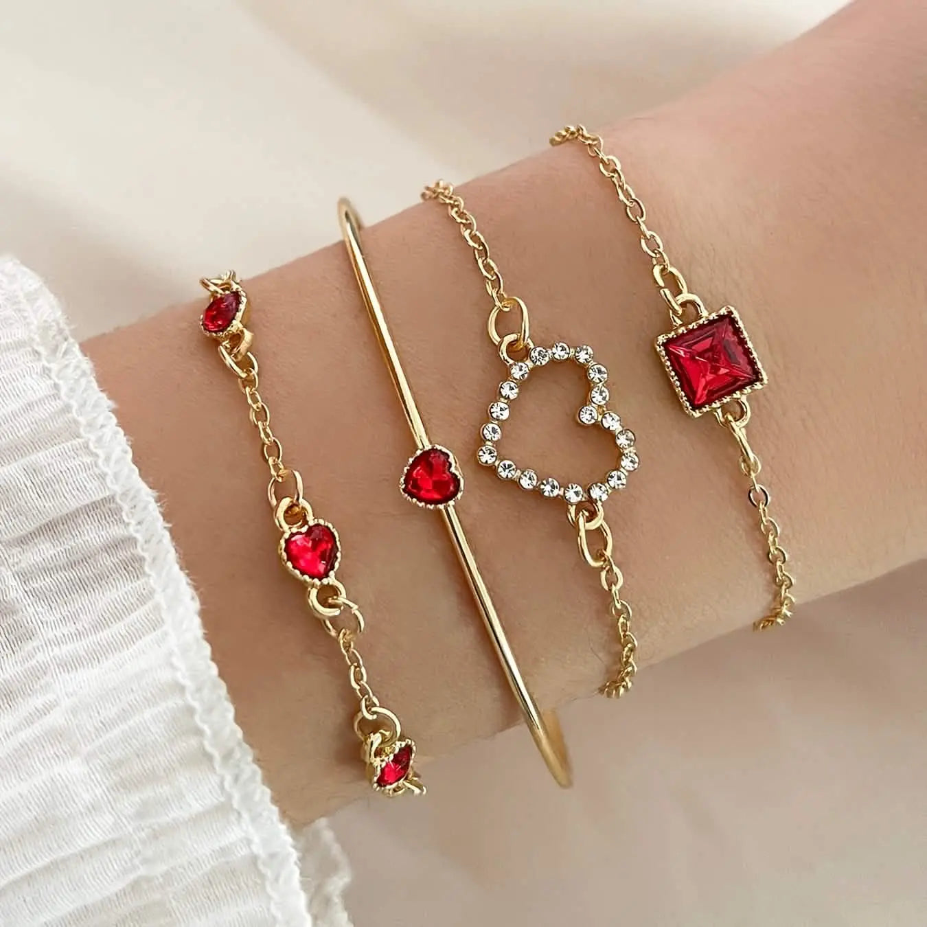4pcs Rhinestone Alloy Bracelet Set – Minimalist Heart & Square Design DailySale