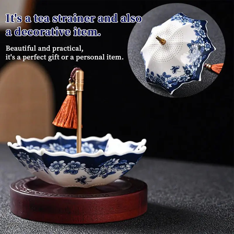 Blue & White Porcelain Umbrella Tea Strainer with Tassel – Chinese Style Ceramic Tea Filter eprolo