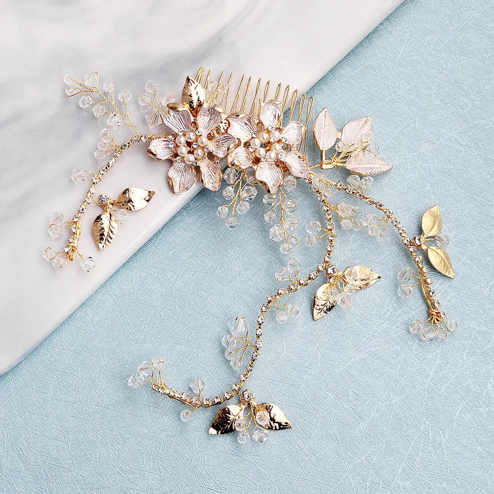 European and American New Jewelry Handmade Bridal Headwear Alloy Flower Branches Hair Comb Pearl Diamond Comb Banquet Hair Accessories Mayra and Company