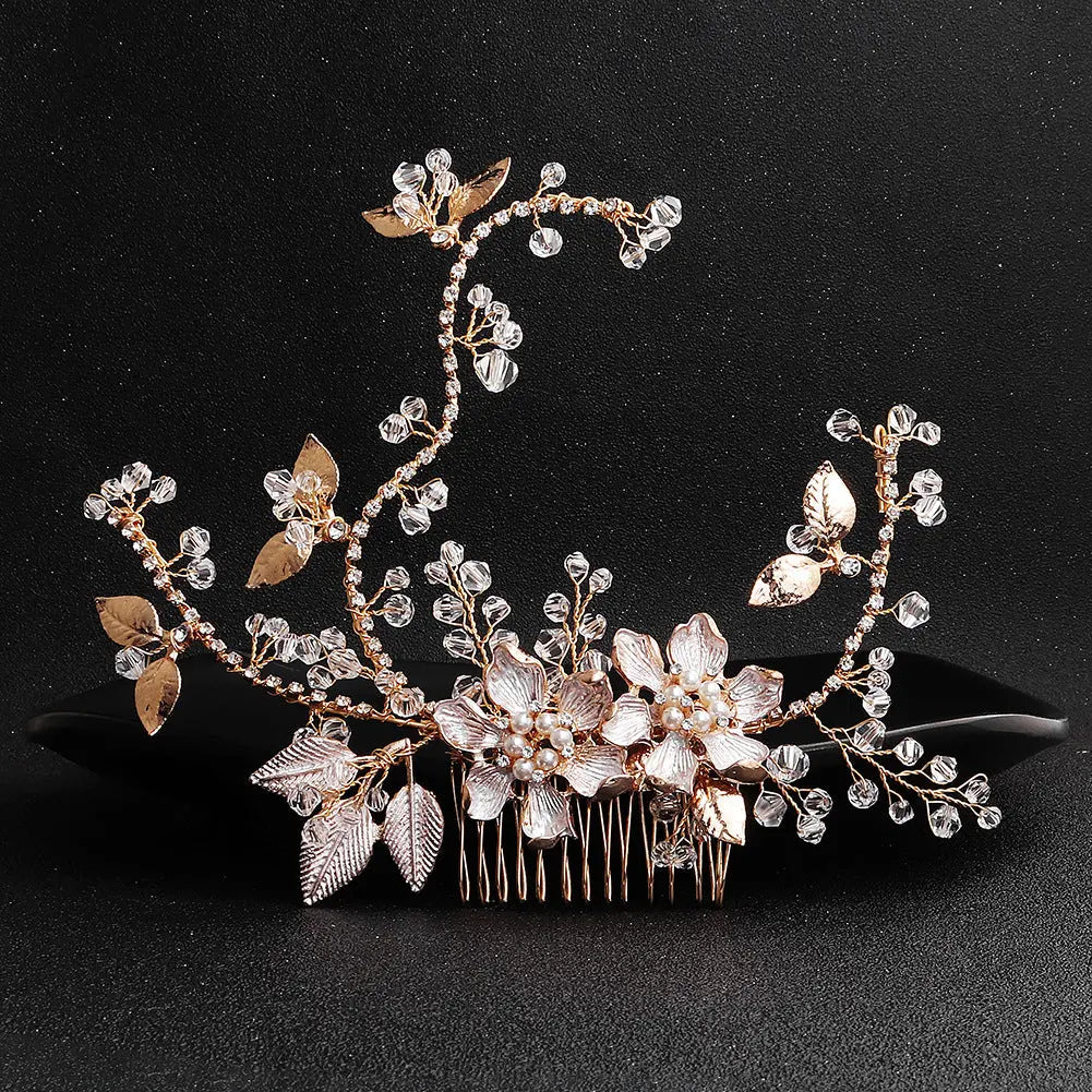 European and American New Jewelry Handmade Bridal Headwear Alloy Flower Branches Hair Comb Pearl Diamond Comb Banquet Hair Accessories Mayra and Company