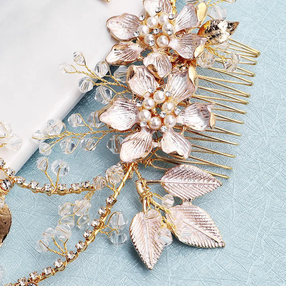 European and American New Jewelry Handmade Bridal Headwear Alloy Flower Branches Hair Comb Pearl Diamond Comb Banquet Hair Accessories Mayra and Company