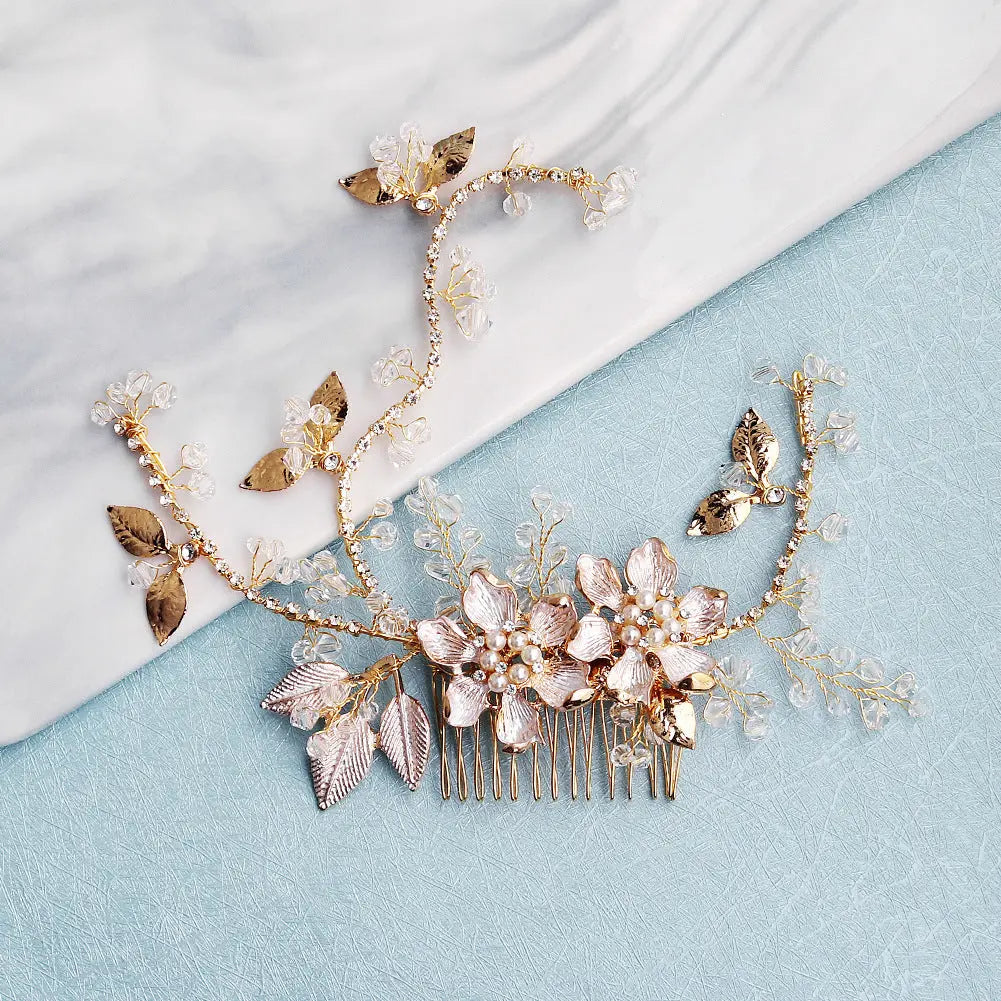 European and American New Jewelry Handmade Bridal Headwear Alloy Flower Branches Hair Comb Pearl Diamond Comb Banquet Hair Accessories Mayra and Company