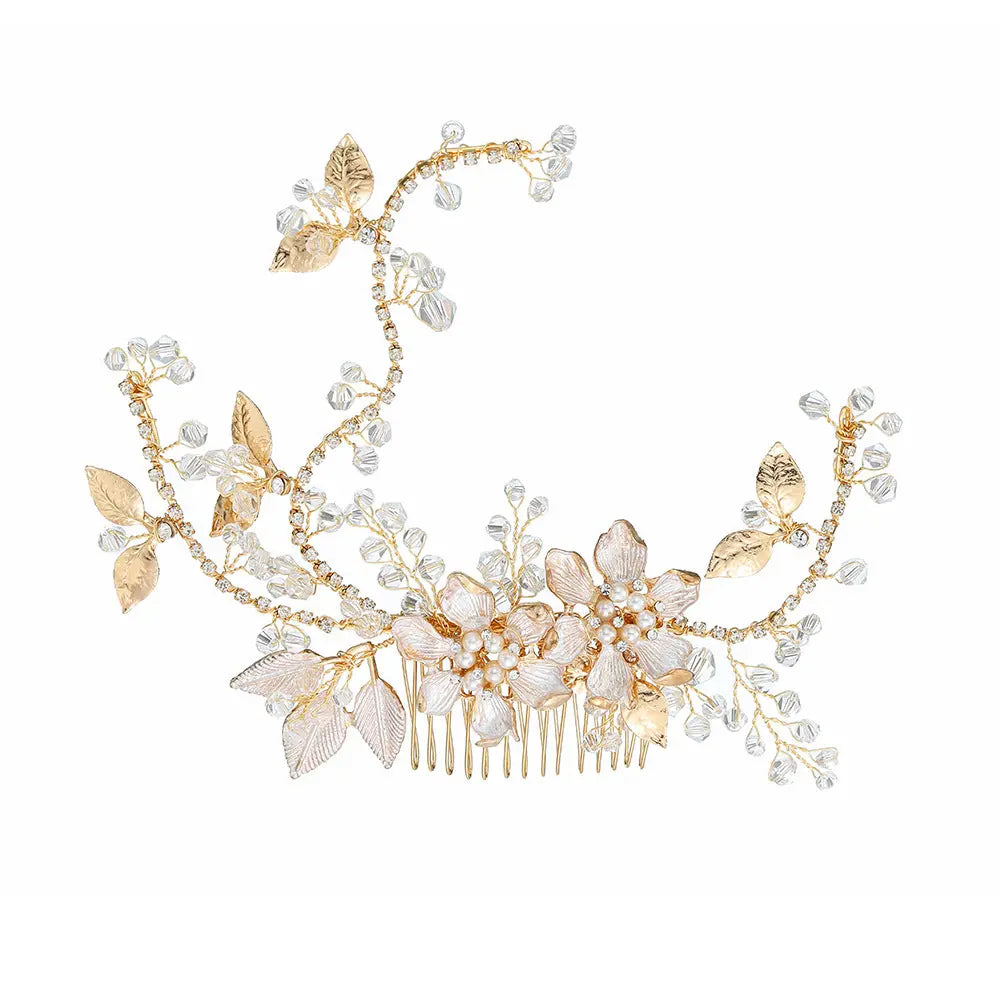 European and American New Jewelry Handmade Bridal Headwear Alloy Flower Branches Hair Comb Pearl Diamond Comb Banquet Hair Accessories Mayra and Company