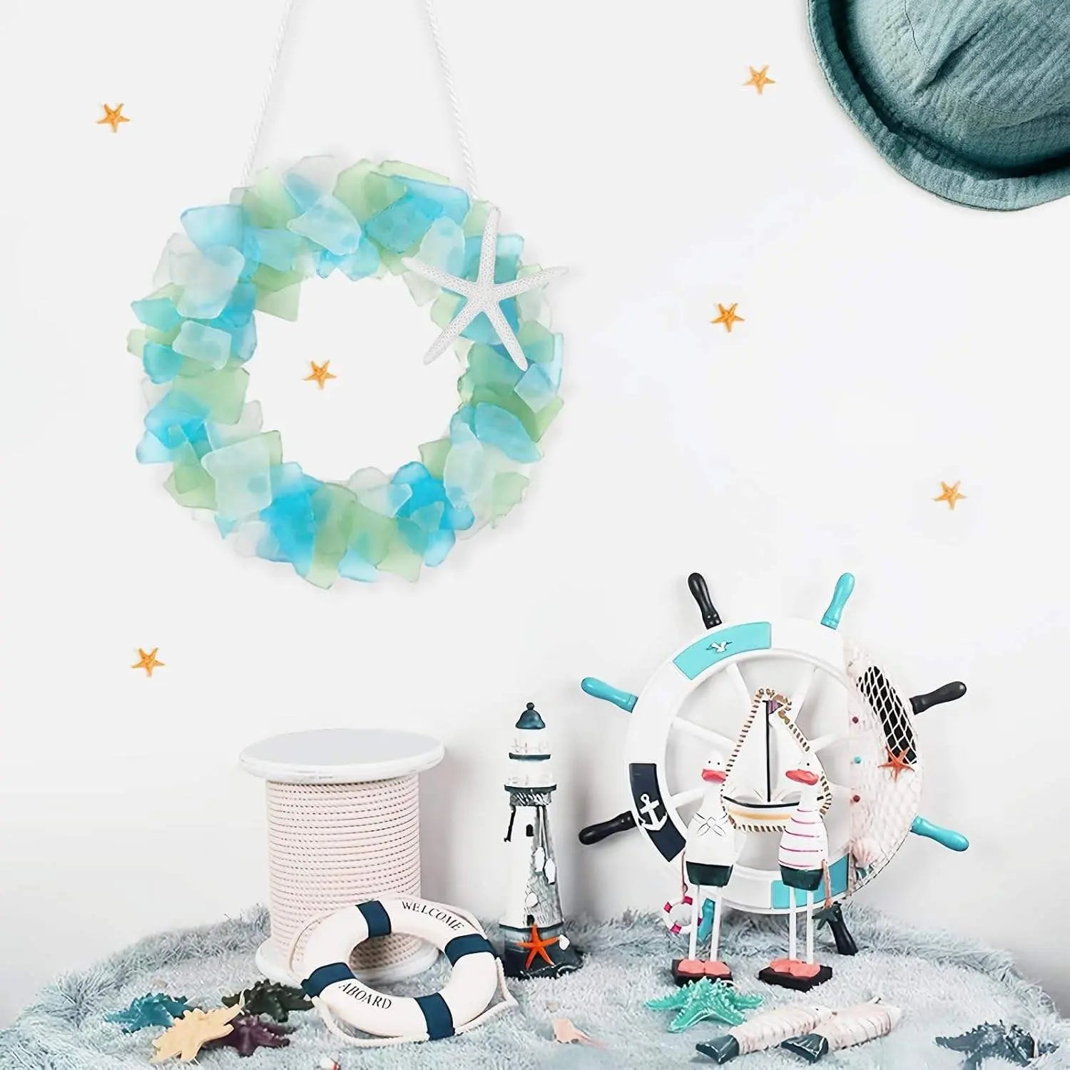 Handmade 8.5 Inch Beach Sea Glass Wreath For Coastal Style Christmas Decor Mayra and Company