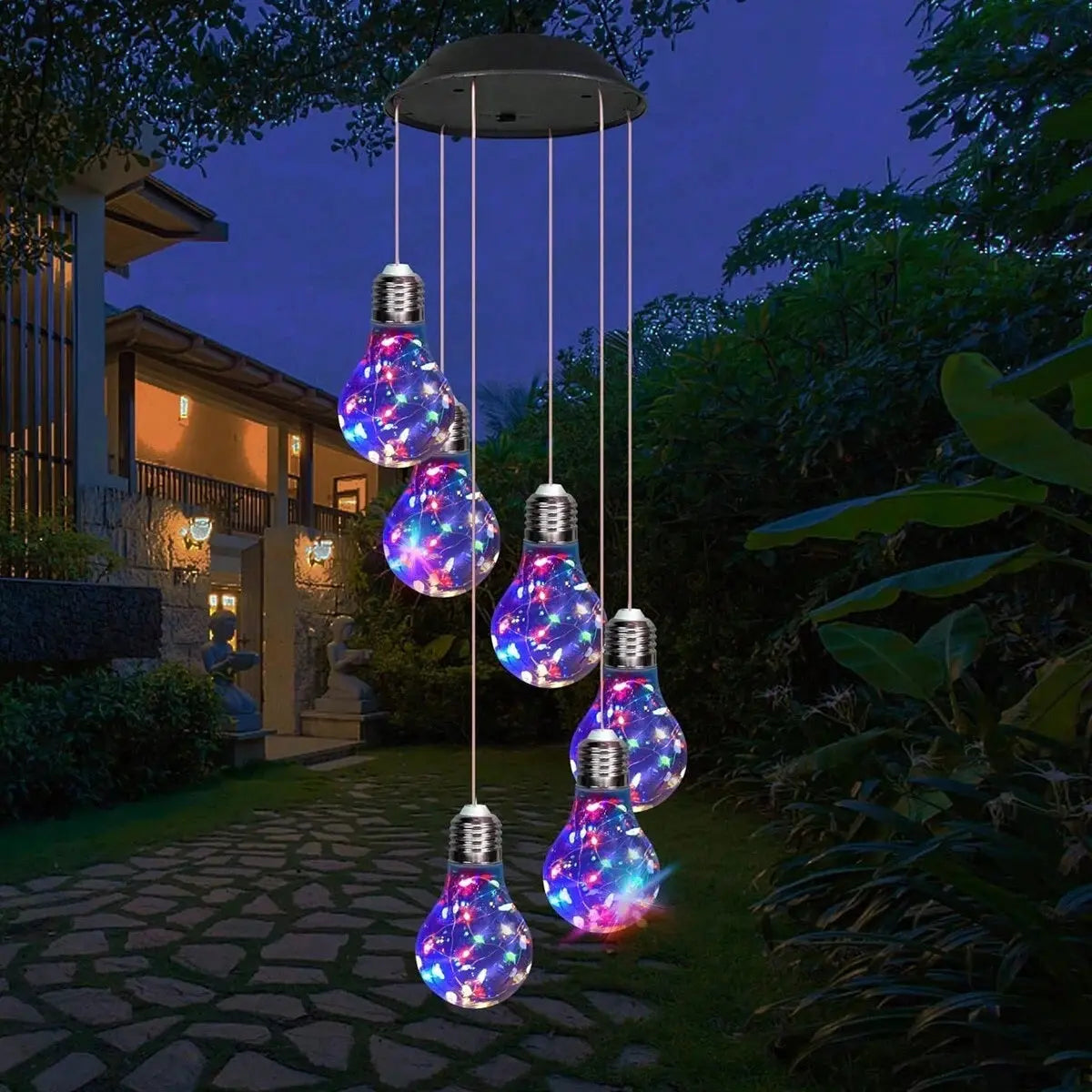 Set of 2 Colorful LED Solar Wind Chimes 21.6inch Light Bulb Shape Mobile Hanging Wind Chime Outdoor Waterproof Decorative Solar Powered Lights For Porch Deck Garden Patio Balcony Decor Mayra and Company