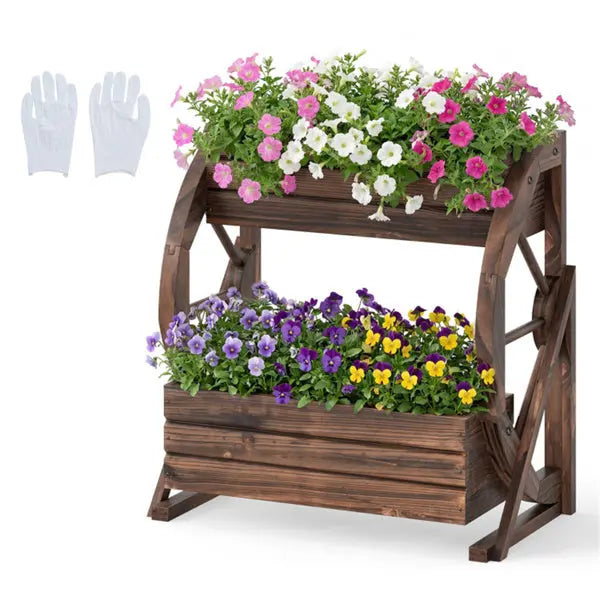 2-Tier Vertical Raised Garden Bed, Burned Finish Semi-Wheel Decorative Planter Mayra and Company