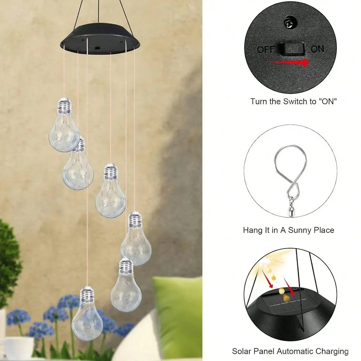 Set of 2 Colorful LED Solar Wind Chimes 21.6inch Light Bulb Shape Mobile Hanging Wind Chime Outdoor Waterproof Decorative Solar Powered Lights For Porch Deck Garden Patio Balcony Decor Mayra and Company