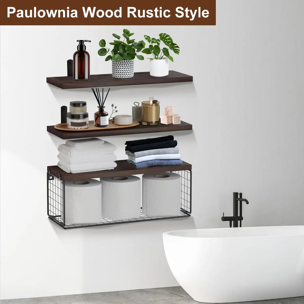 2 In 1 Floating Shelves Wall Mounted With Storage Basket Bathroom Shelves Over Toilet Wooden Shelves For Bedroom Living Room Kitchen Office Wall Decor Plants Mayra and Company