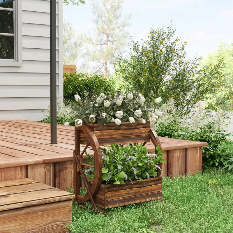 Outsunny Wooden Wagon Planter Box, 2-Tier Raised Garden Bed, For Vegetables Flowers Herbs, Mayra and Company