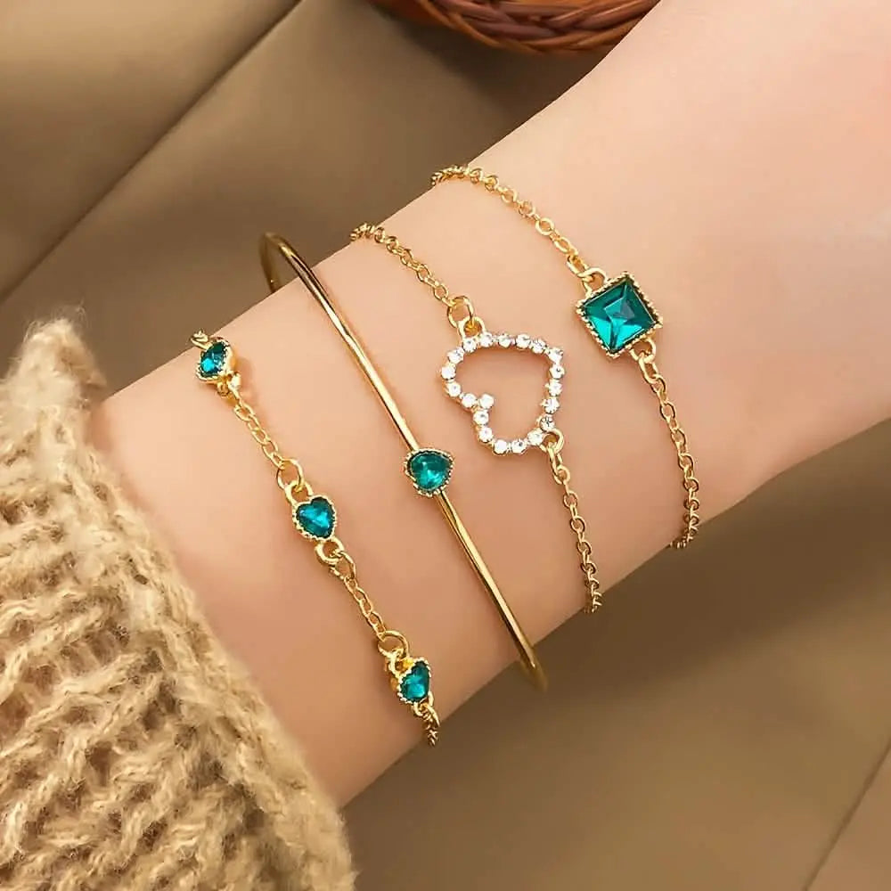 4pcs Rhinestone Alloy Bracelet Set – Minimalist Heart & Square Design DailySale