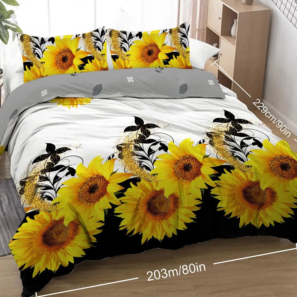 3 Pieces Black And White Background Sunflower Duvet Cover Set Yellow Flower Polyester Bedding Set For Adults Bedroom Decor Twin Full Queen King Size Mayra and Company