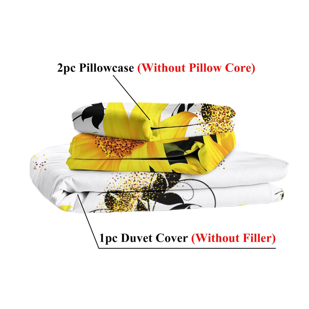 3 Pieces Black And White Background Sunflower Duvet Cover Set Yellow Flower Polyester Bedding Set For Adults Bedroom Decor Twin Full Queen King Size Mayra and Company