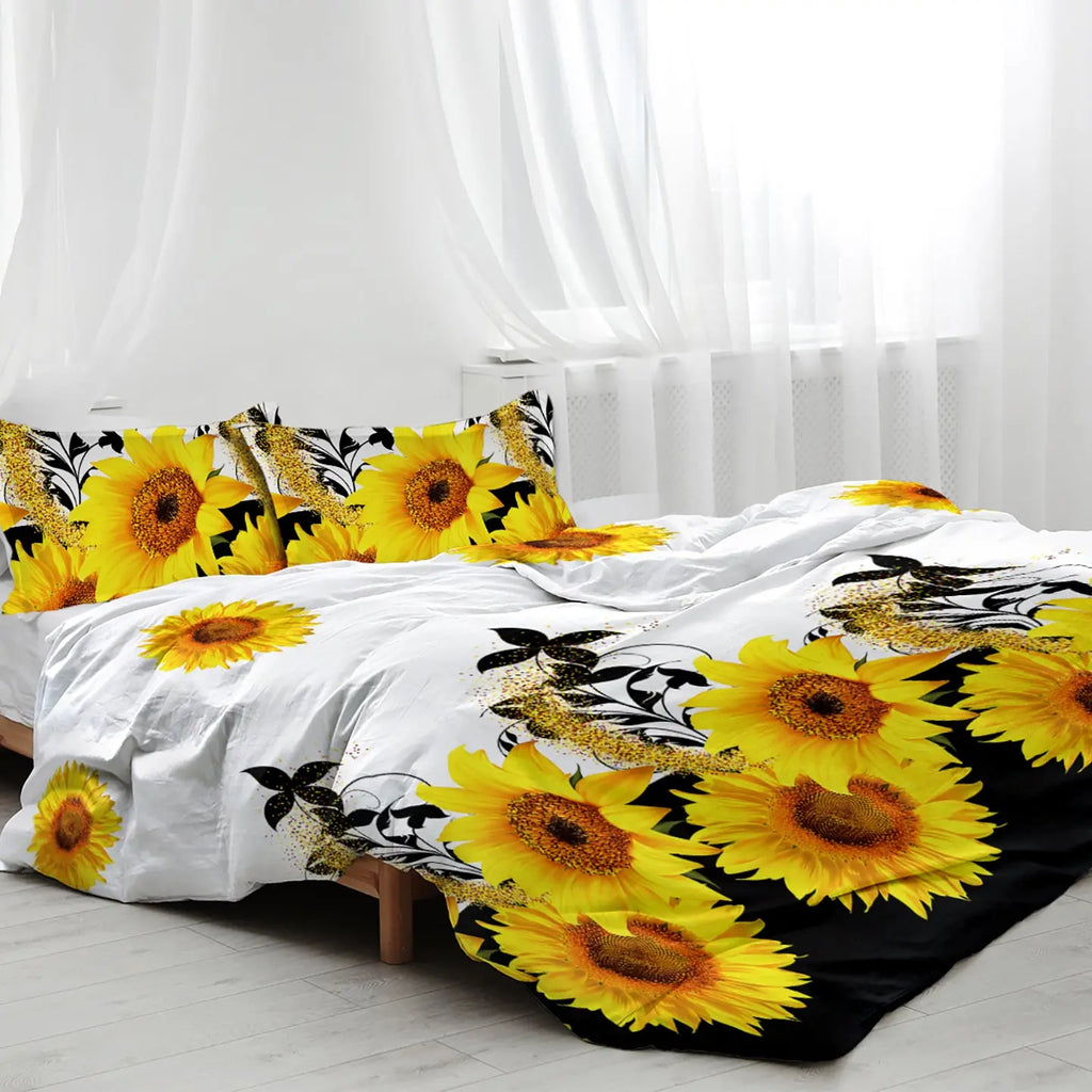 3 Pieces Black And White Background Sunflower Duvet Cover Set Yellow Flower Polyester Bedding Set For Adults Bedroom Decor Twin Full Queen King Size Mayra and Company