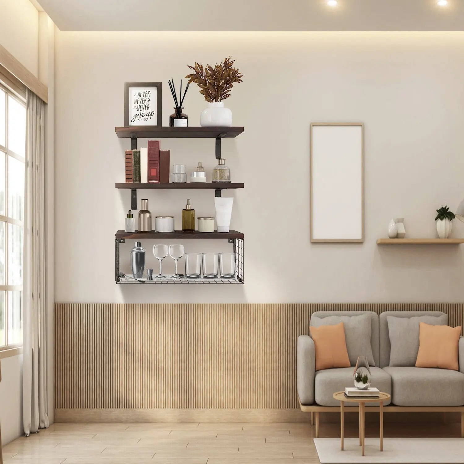 2 In 1 Floating Shelves Wall Mounted With Storage Basket Bathroom Shelves Over Toilet Wooden Shelves For Bedroom Living Room Kitchen Office Wall Decor Plants Mayra and Company