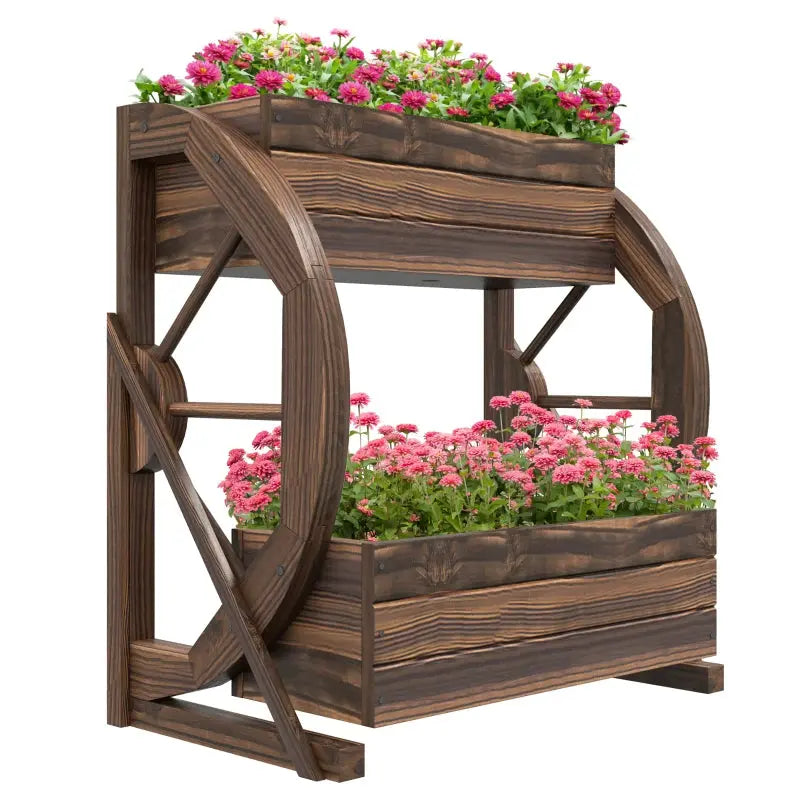 Outsunny Wooden Wagon Planter Box, 2-Tier Raised Garden Bed, For Vegetables Flowers Herbs, Mayra and Company