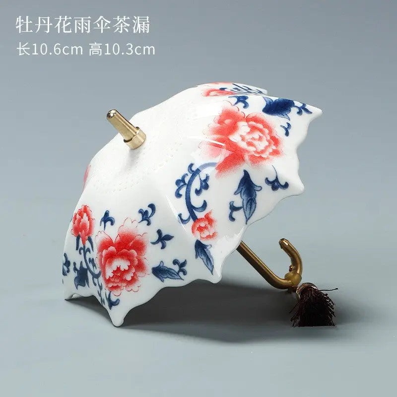 Blue & White Porcelain Umbrella Tea Strainer with Tassel – Chinese Style Ceramic Tea Filter eprolo