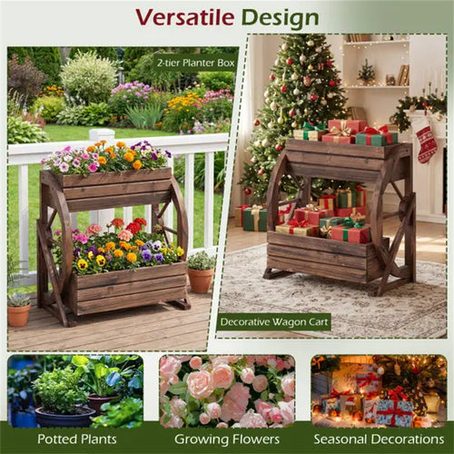 2-Tier Vertical Raised Garden Bed, Burned Finish Semi-Wheel Decorative Planter Mayra and Company