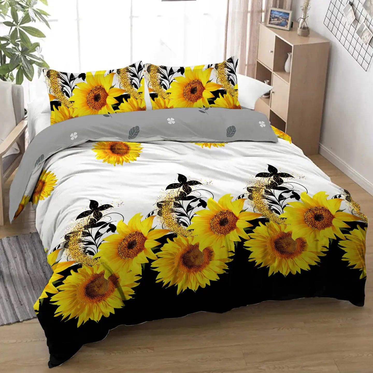 3 Pieces Black And White Background Sunflower Duvet Cover Set Yellow Flower Polyester Bedding Set For Adults Bedroom Decor Twin Full Queen King Size Mayra and Company