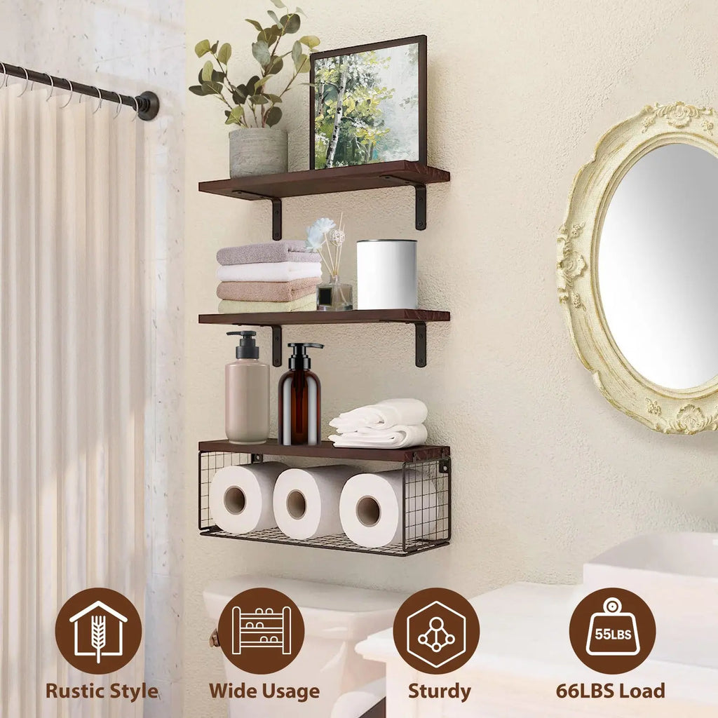 2 In 1 Floating Shelves Wall Mounted With Storage Basket Bathroom Shelves Over Toilet Wooden Shelves For Bedroom Living Room Kitchen Office Wall Decor Plants Mayra and Company