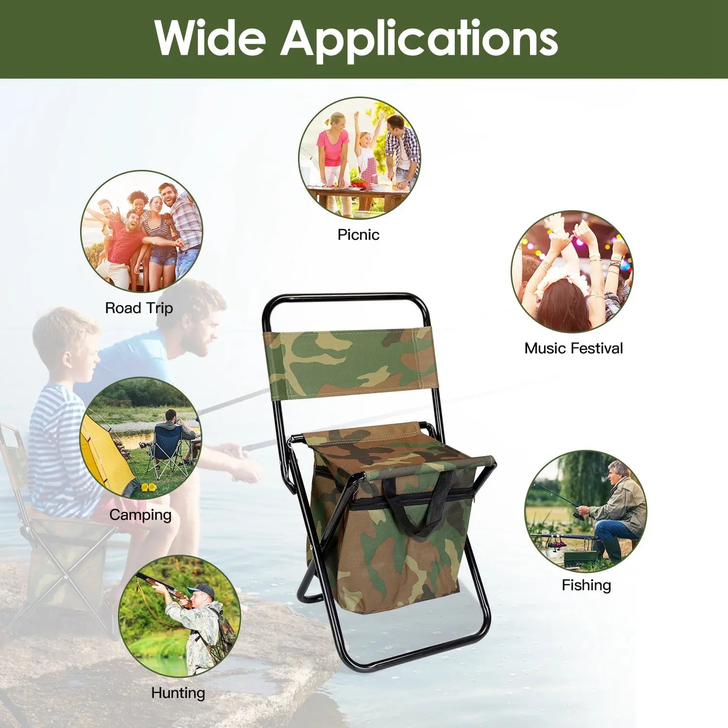 Foldable Fishing Chair With Backrest Built-In Cooler Bag Portable Handle Outdoor Lightweight Mayra and Company