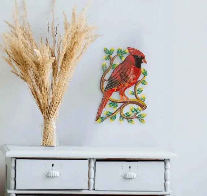 Cardinal On Branch , Painted Steel Drum Wall Art