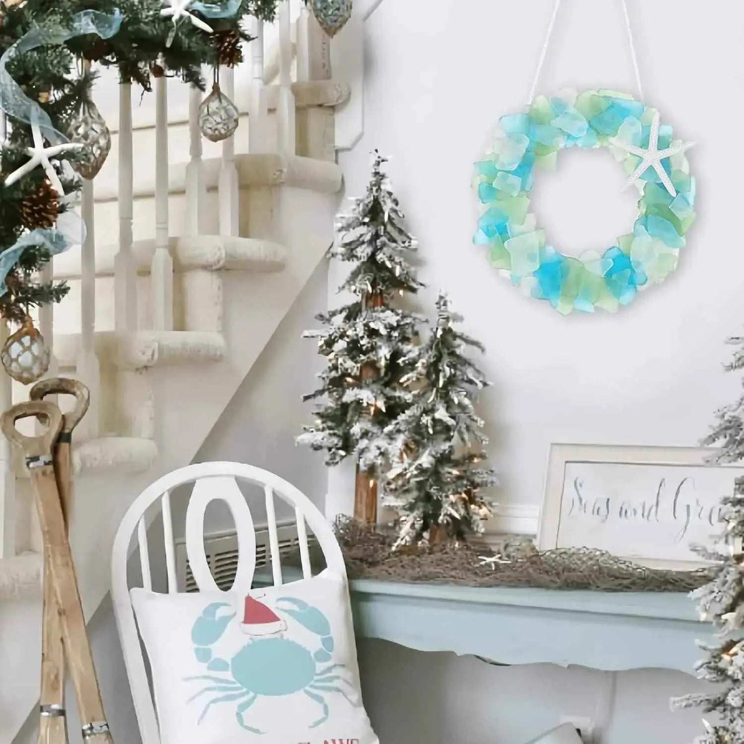 Handmade 8.5 Inch Beach Sea Glass Wreath For Coastal Style Christmas Decor