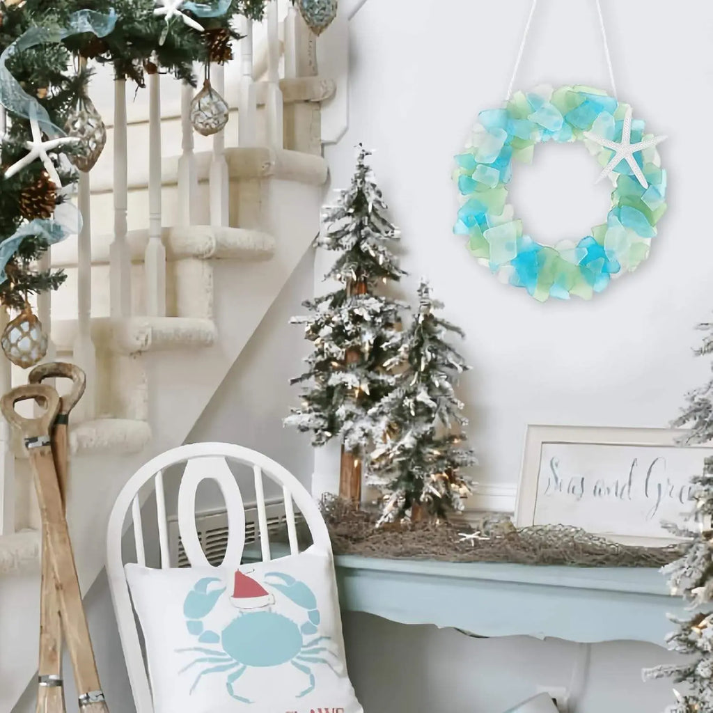 Handmade 8.5 Inch Beach Sea Glass Wreath For Coastal Style Christmas Decor Mayra and Company