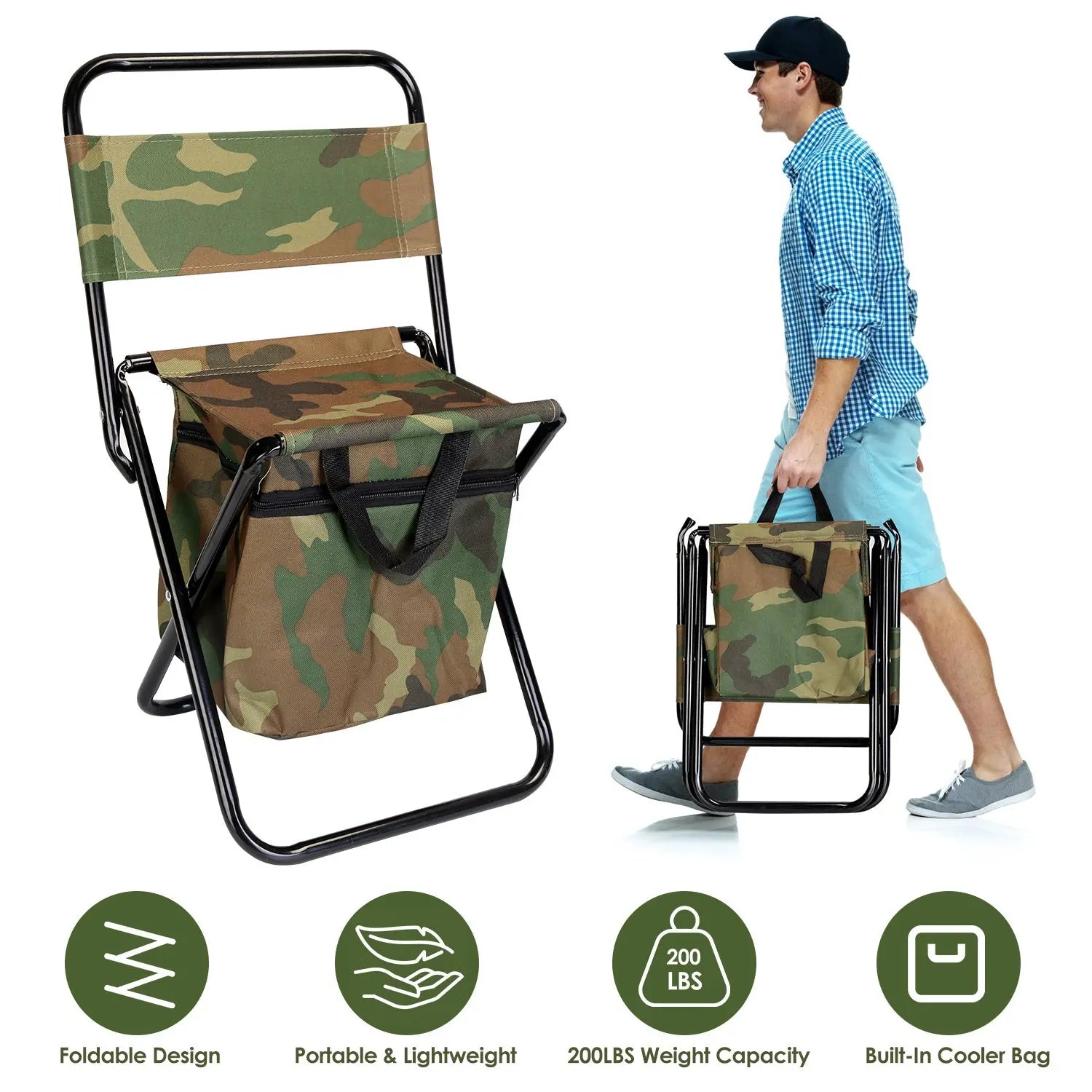 Foldable Fishing Chair With Backrest Built-In Cooler Bag Portable Handle Outdoor Lightweight Mayra and Company