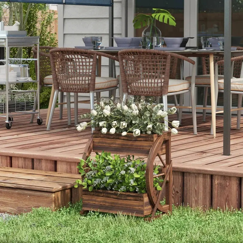 Outsunny Wooden Wagon Planter Box, 2-Tier Raised Garden Bed, For Vegetables Flowers Herbs, Mayra and Company