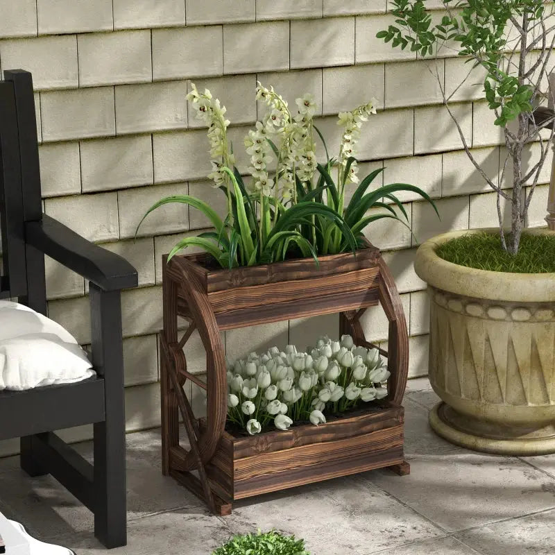 Outsunny Wooden Wagon Planter Box, 2-Tier Raised Garden Bed, For Vegetables Flowers Herbs, Mayra and Company