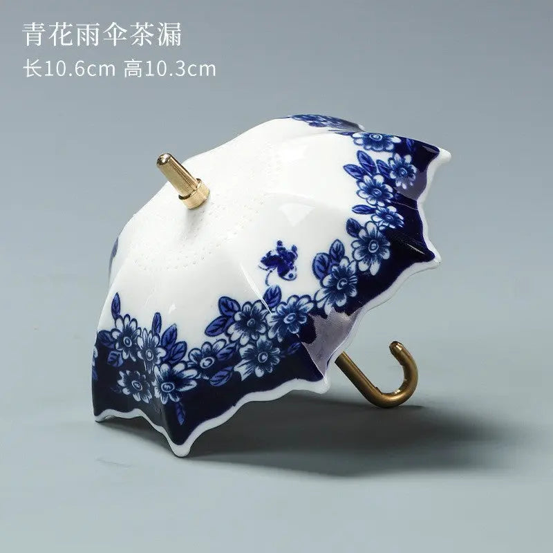 Blue & White Porcelain Umbrella Tea Strainer with Tassel – Chinese Style Ceramic Tea Filter eprolo