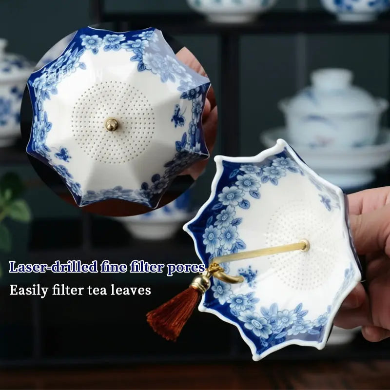 Blue & White Porcelain Umbrella Tea Strainer with Tassel – Chinese Style Ceramic Tea Filter eprolo