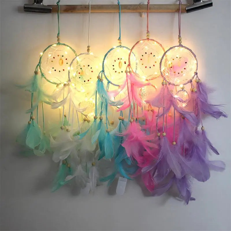 Dream Catcher LED Lighting Feather Dreamcatcher Girl Room Bell Bedroom Romantic Hanging Decoration eprolo