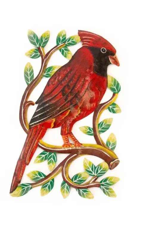 Cardinal On Branch , Painted Steel Drum Wall Art