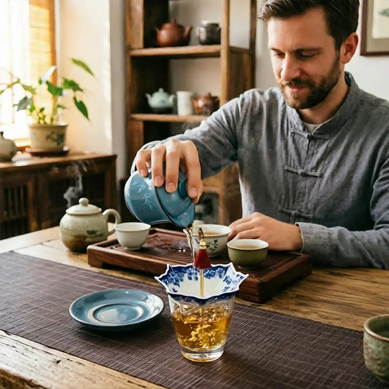 Blue & White Porcelain Umbrella Tea Strainer with Tassel – Chinese Style Ceramic Tea Filter eprolo