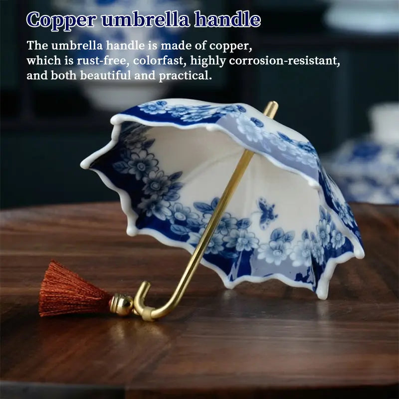 Blue & White Porcelain Umbrella Tea Strainer with Tassel – Chinese Style Ceramic Tea Filter eprolo