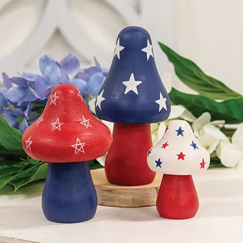 Set of 3 Wooden Americana Mushroom Sitters for Farmhouse Decor Countryside Home Decor