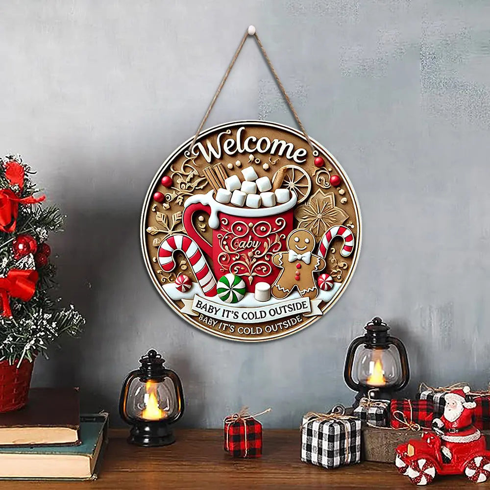in stock American Country Christmas Holiday Round Door Plate Hanging Wooden Welcome Sign Decorative Pendant Wooden Tag Mayra and Company