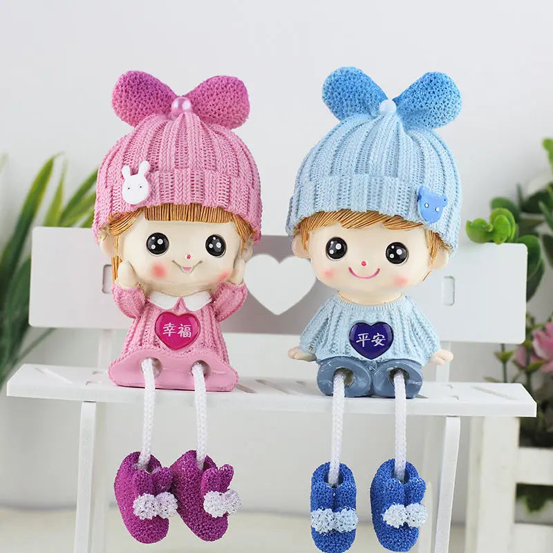 Cute Cartoon Resin Couple Hanging Feet Doll Desktop Ornaments Gift Mayra and Company