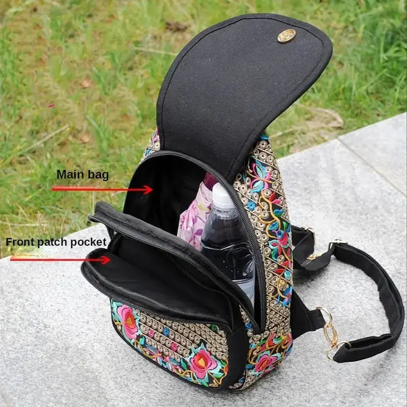 Women's Mini Embroidery Backpack, Backpack With Detachable Strap, Ethnic Style Versatile Multifunction Chest Bag Mayra and Company