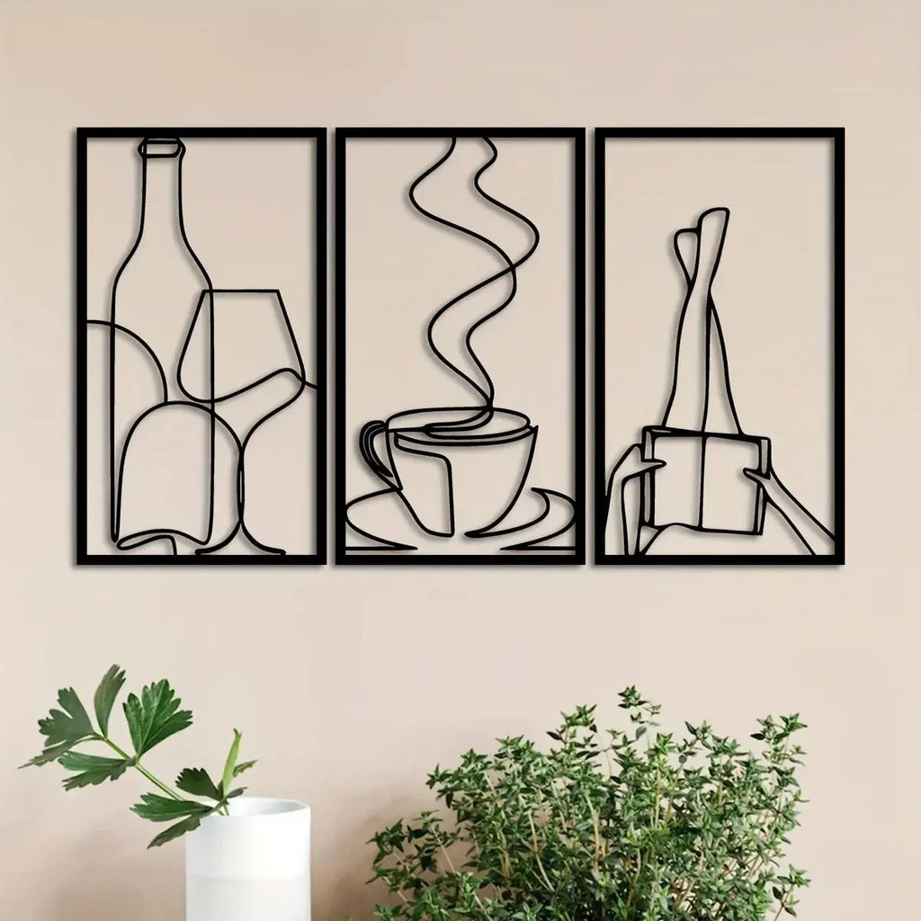 3-Piece Bookish Metal Wall Art, Minimalist Line Art for Reading & Coffee Lovers，Coffee Lover Minimalist Wall Art Mayra and Company