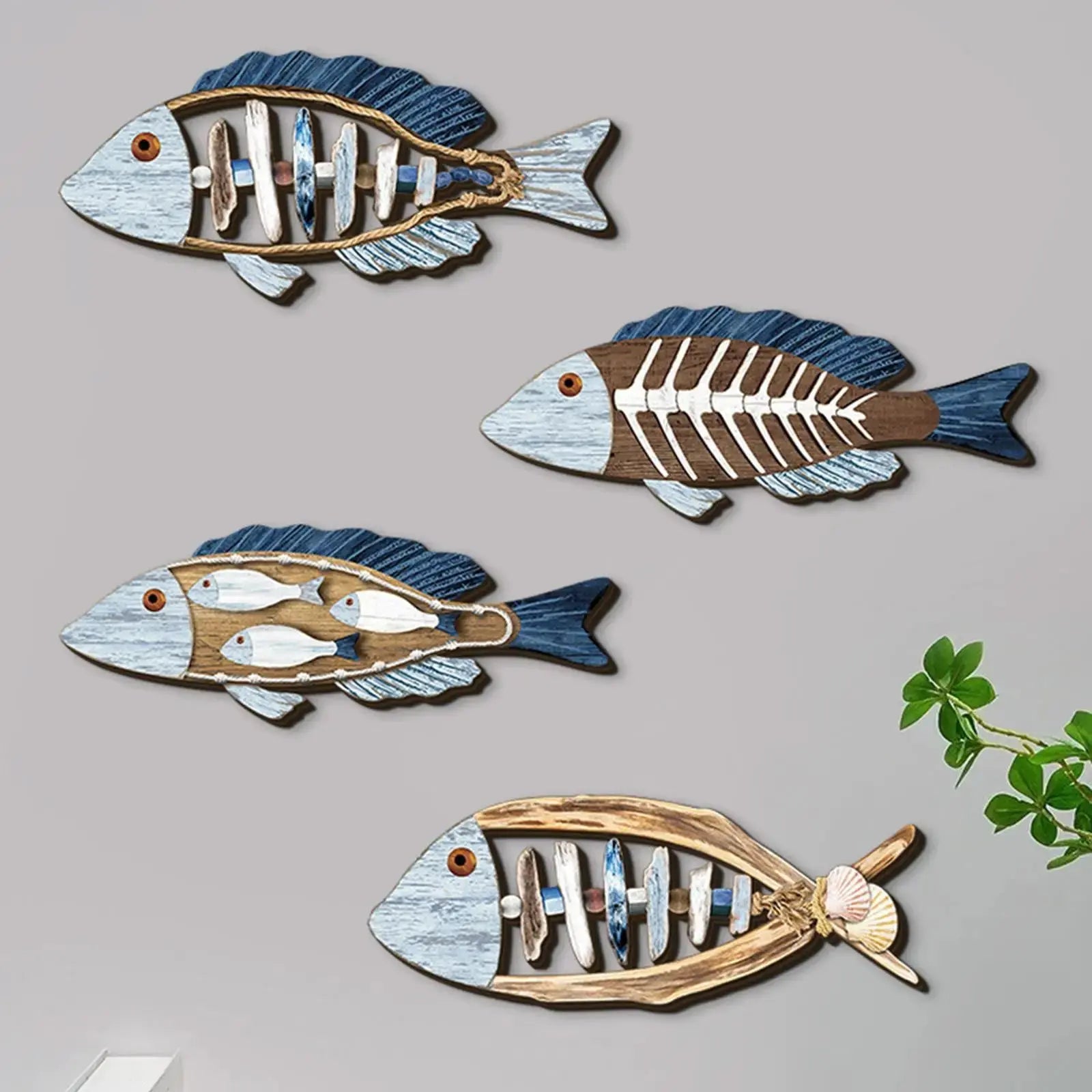 4 Pieces Fish Nautical Wall Decor Ornaments for Bathroom Indoor Lake House Wooden Fish Wall Decor Bathroom Bedroom Gifts 11” Mayra and Company