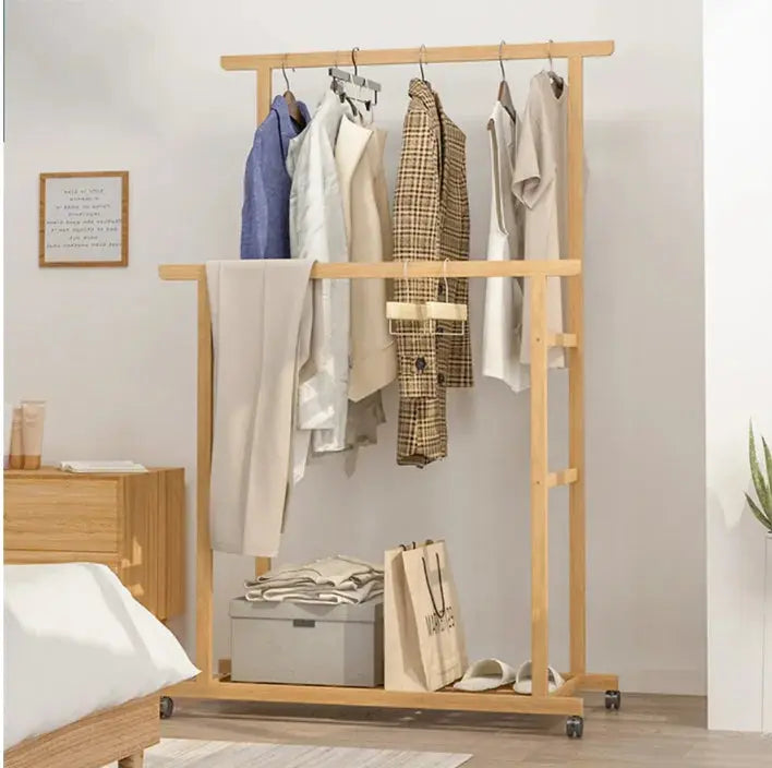 Bamboo Clothes Rail Rack Double Hanging Rails Clothes Rack on Wheels Free Standing Garment Rack with Storage Shelves Coat Rack Mayra and Company