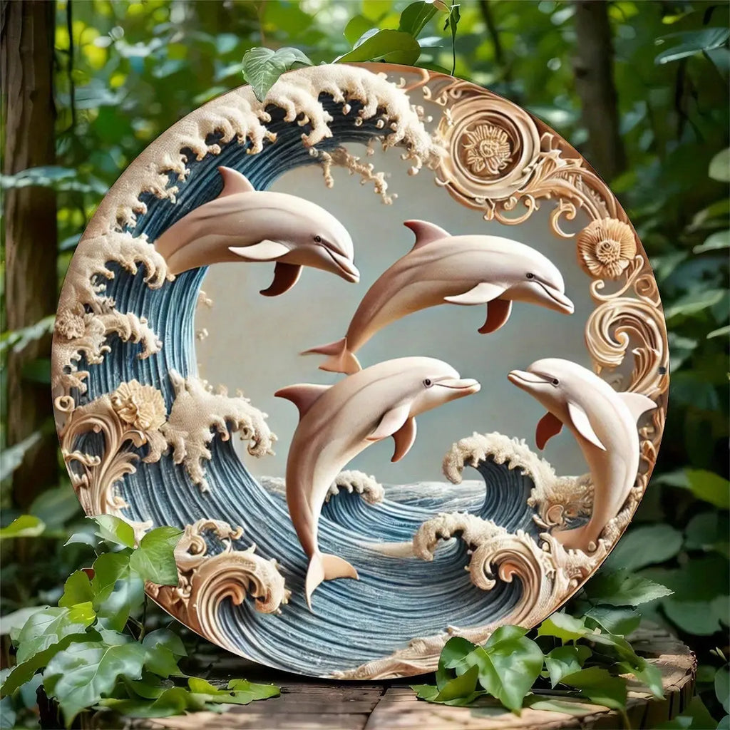 2D Wooden Disc Dolphin Underwater Theme Sign 8 Inch Design Decorative Art Durable Wall Plaque Bedroom Office Cafe Bar Mayra and Company
