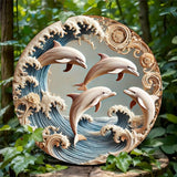 2D Wooden Disc Dolphin Underwater Theme Sign 8 Inch Design Decorative Art Durable Wall Plaque Bedroom Office Cafe Bar