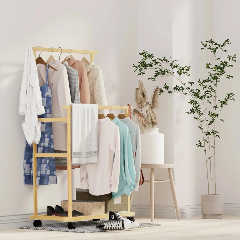Bamboo Clothes Rail Rack Double Hanging Rails Clothes Rack on Wheels Free Standing Garment Rack with Storage Shelves Coat Rack Mayra and Company