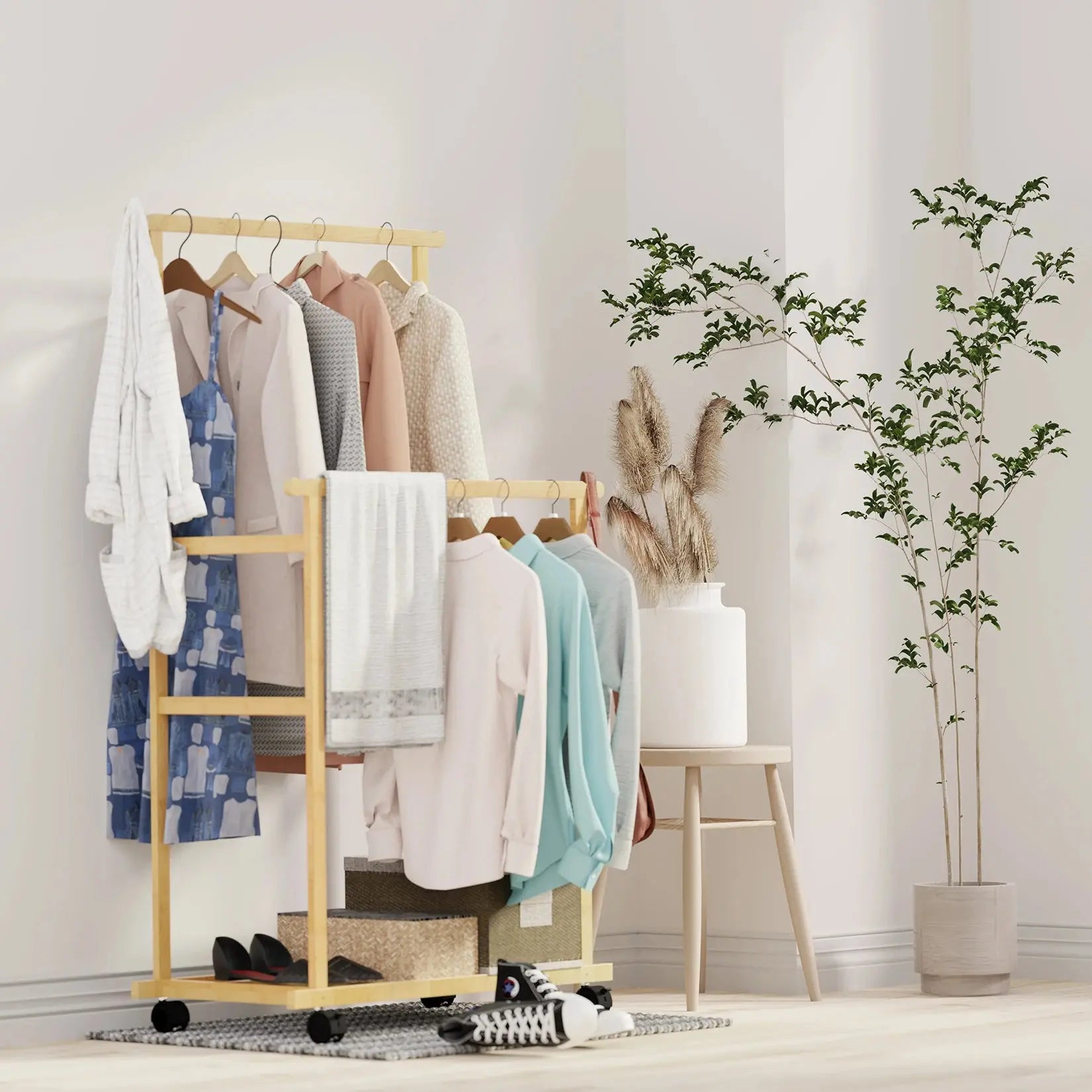 Bamboo Clothes Rail Rack Double Hanging Rails Clothes Rack on Wheels Free Standing Garment Rack with Storage Shelves Coat Rack Mayra and Company