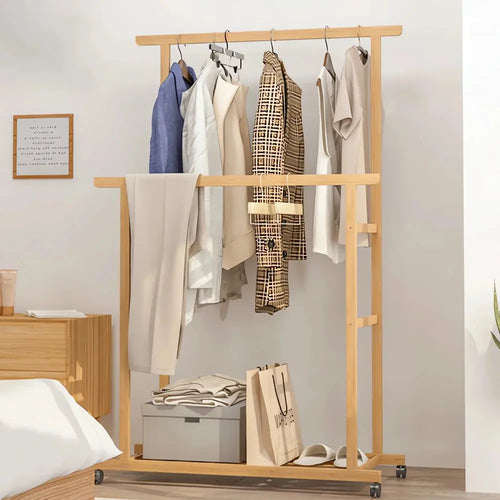 Bamboo Clothes Rail Rack Double Hanging Rails Clothes Rack on Wheels Free Standing Garment Rack with Storage Shelves Coat Rack Mayra and Company