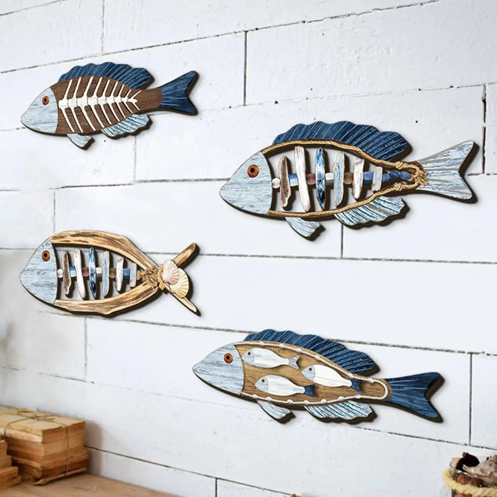 4 Pieces Fish Nautical Wall Decor Ornaments for Bathroom Indoor Lake House Wooden Fish Wall Decor Bathroom Bedroom Gifts 11” Mayra and Company