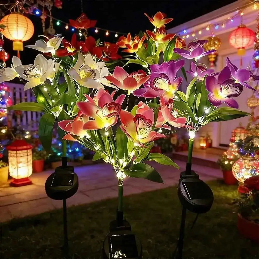 Garden Solar Lamp LED Artificial Orchid Flower Outdoor Decoration